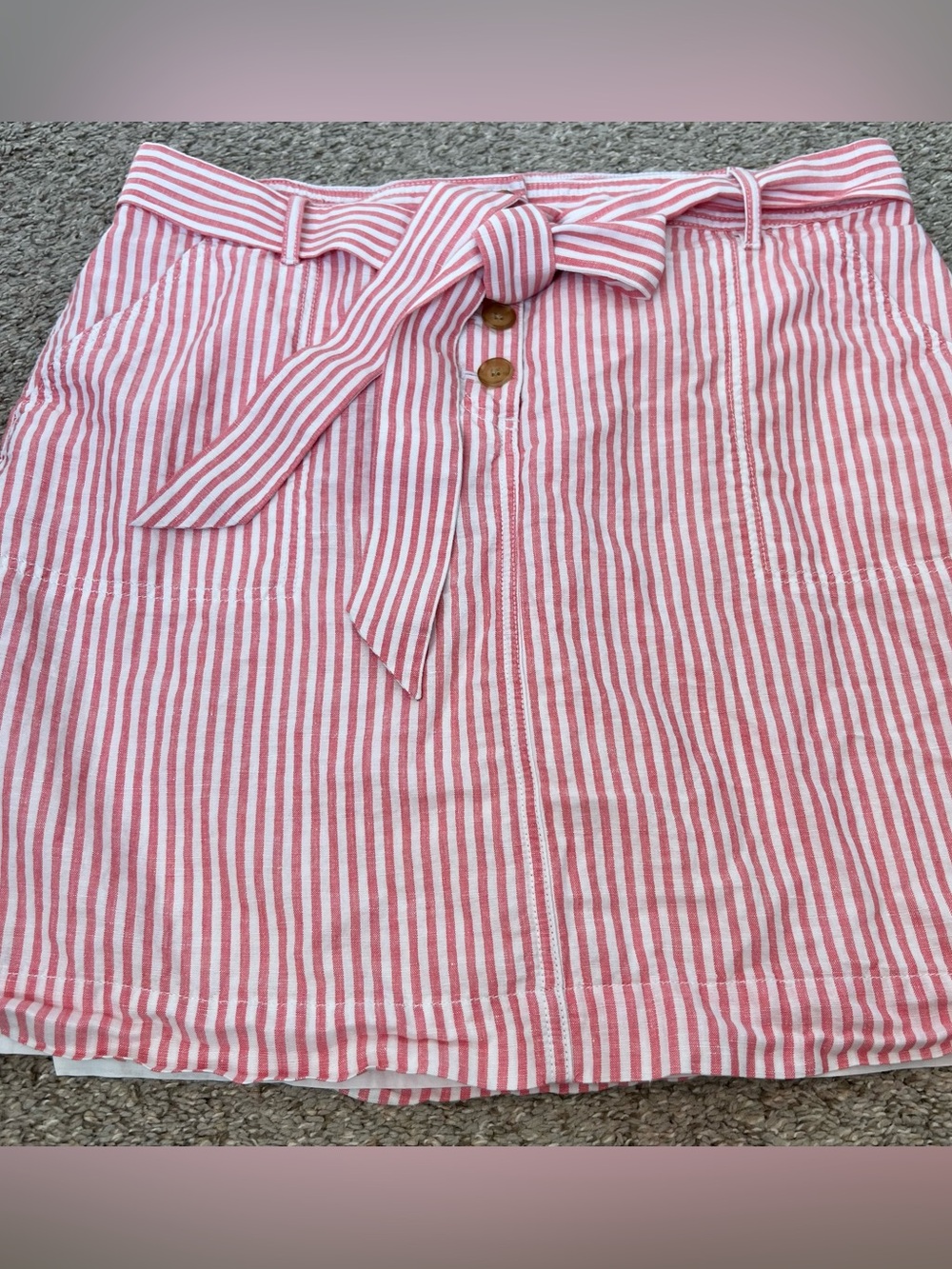 Talbots Cotton Linen Salmon Pink White Striped Tie-Waist Mini Skirt Size 12